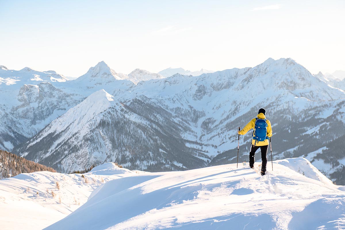 Persoon in de besneeuwde bergen met rugzak en skistokken