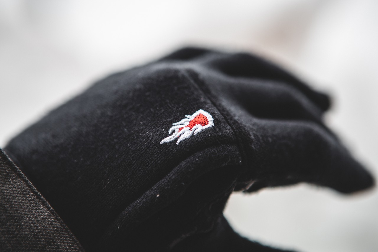 close up of glove with printed flame 