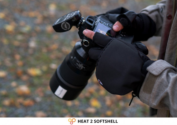 Photography Gloves HEAT 2 SOFTSHELL from THE HEAT COMPANY with Foldable Mittens for Easy Handling of the Camera